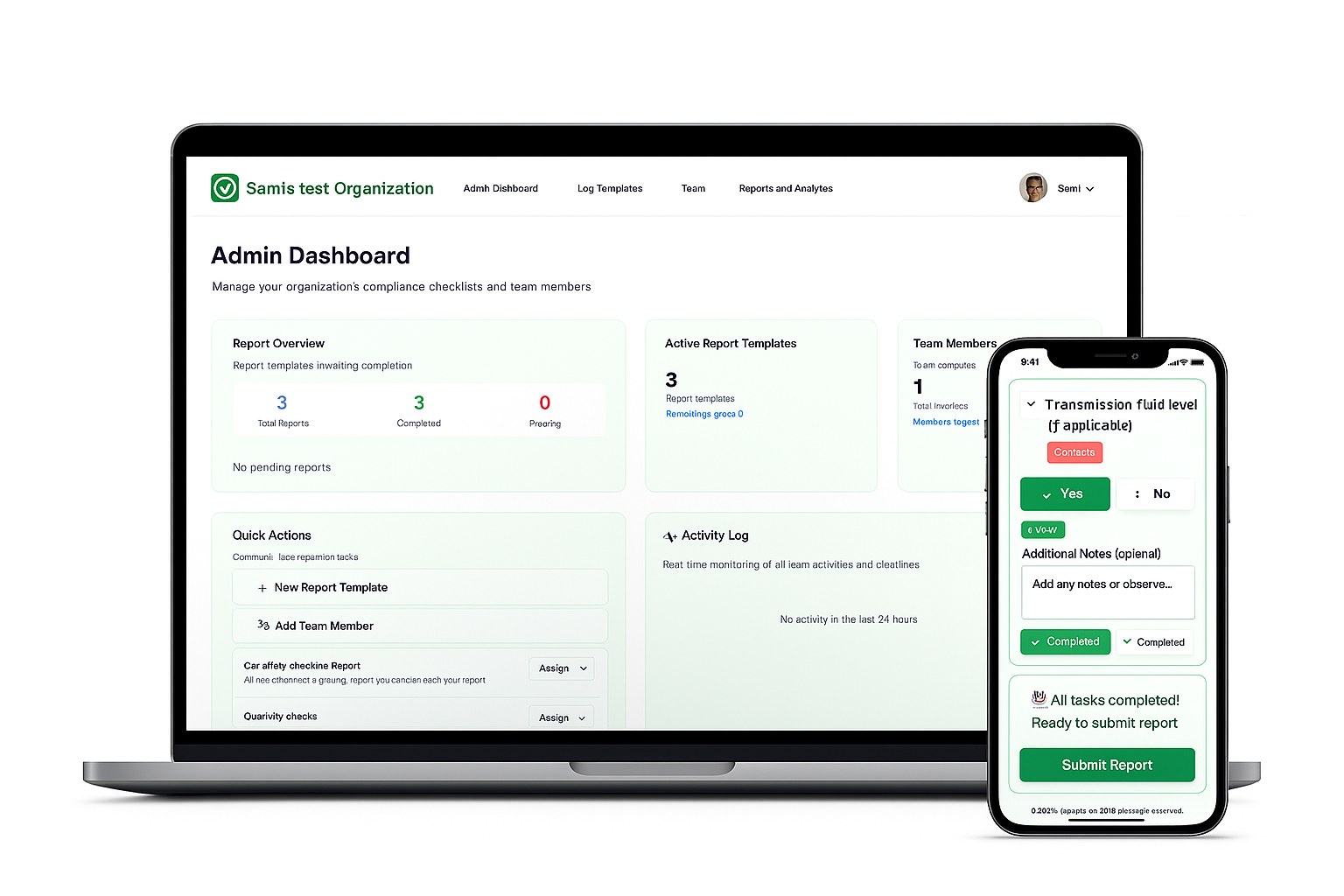 MyDayLogs platform shown on laptop and mobile - Admin dashboard on desktop and mobile checklist interface